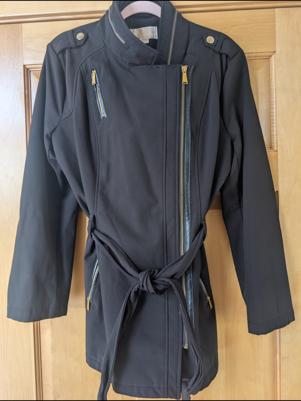 MICHAEL Michael Kors Black Trench Coat with Gold Hardware Accents - Picture 2 of 11